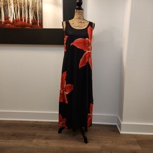 Sleeveless Black Maxi Dress with Red Floral Print